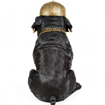 Bulldogge Dekofigur mit Cap, Hundefigur schwarz-gold