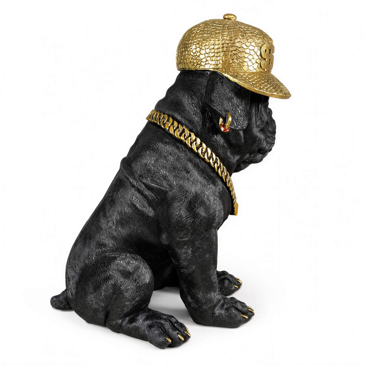 Bulldogge Dekofigur mit Cap, Hundefigur schwarz-gold