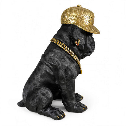 Bulldogge Dekofigur mit Cap, Hundefigur schwarz-gold