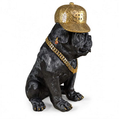 Bulldogge Dekofigur mit Cap, Hundefigur schwarz-gold