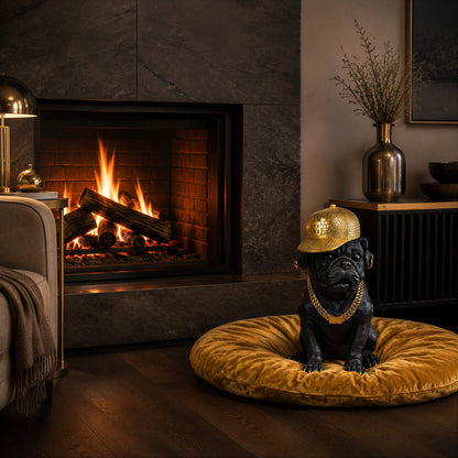 Bulldogge Dekofigur mit Cap, Hundefigur schwarz-gold