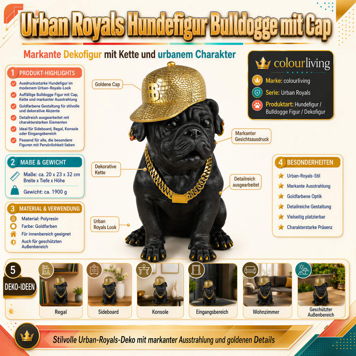 Bulldogge Dekofigur mit Cap, Hundefigur schwarz-gold
