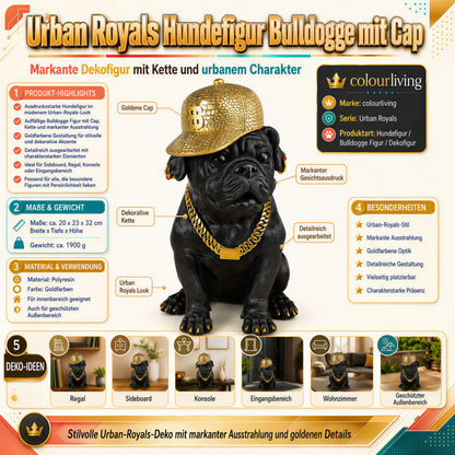 Bulldogge Dekofigur mit Cap, Hundefigur schwarz-gold