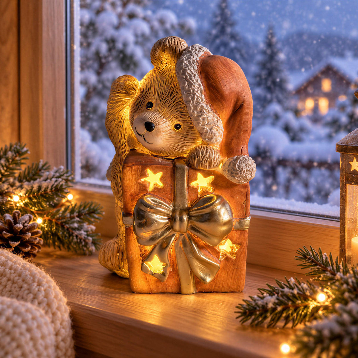 LED Weihnachtsbär Batteriebetriebene Deko Bär Figur für Tisch & Fensterbank