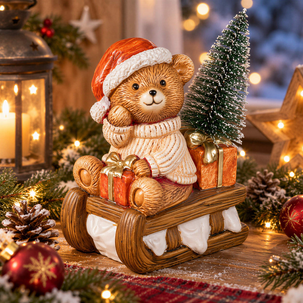 LED Weihnachtsbär Batteriebetriebene Deko Bär Figur für Tisch & Fensterbank