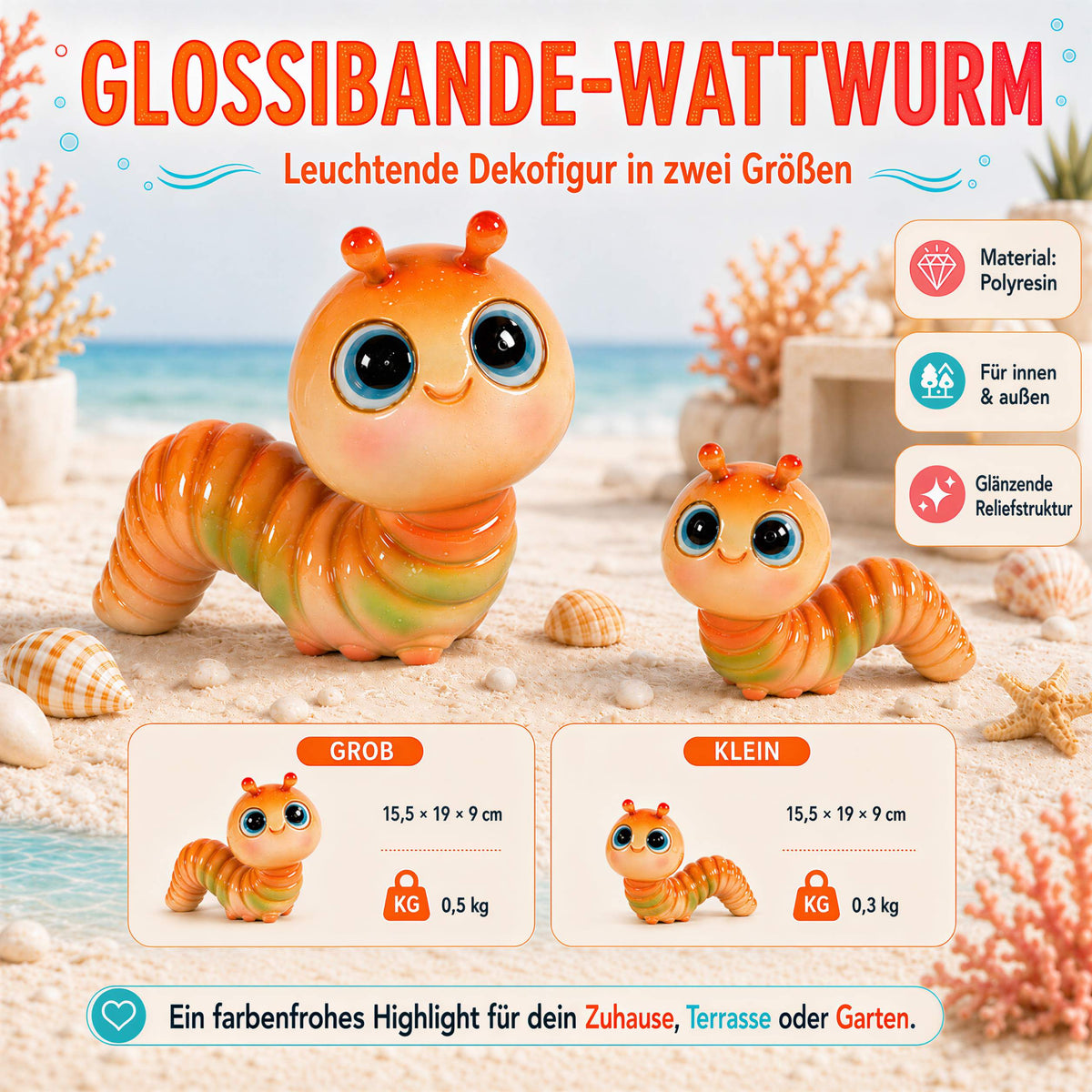 GlossiBande Wattwurm Dekofigur, glänzende Tierfigur in Grün oder Orange