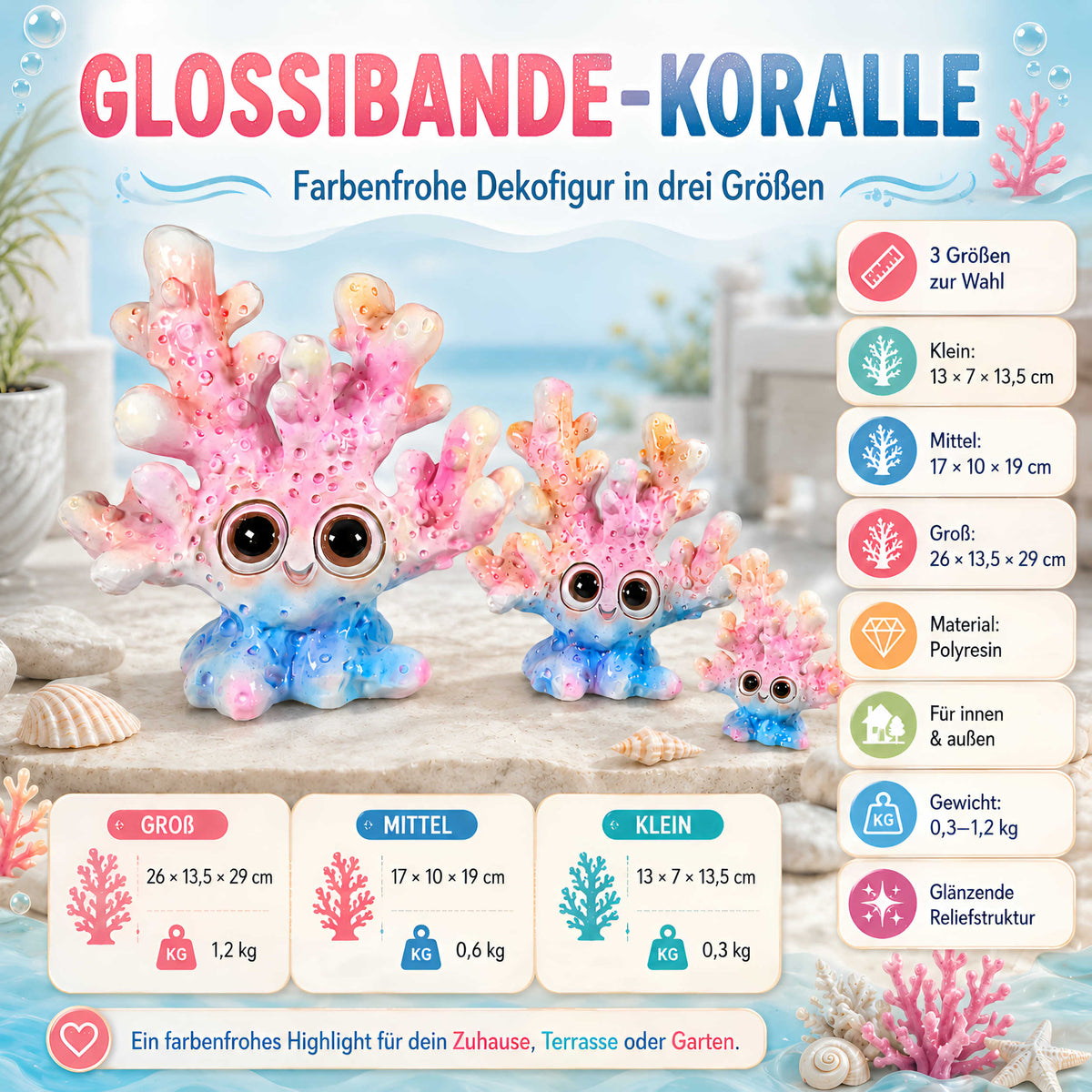 Glänzende Korallenfigur GlossiBande in Blau-Rosa oder Orange, 3 Größen