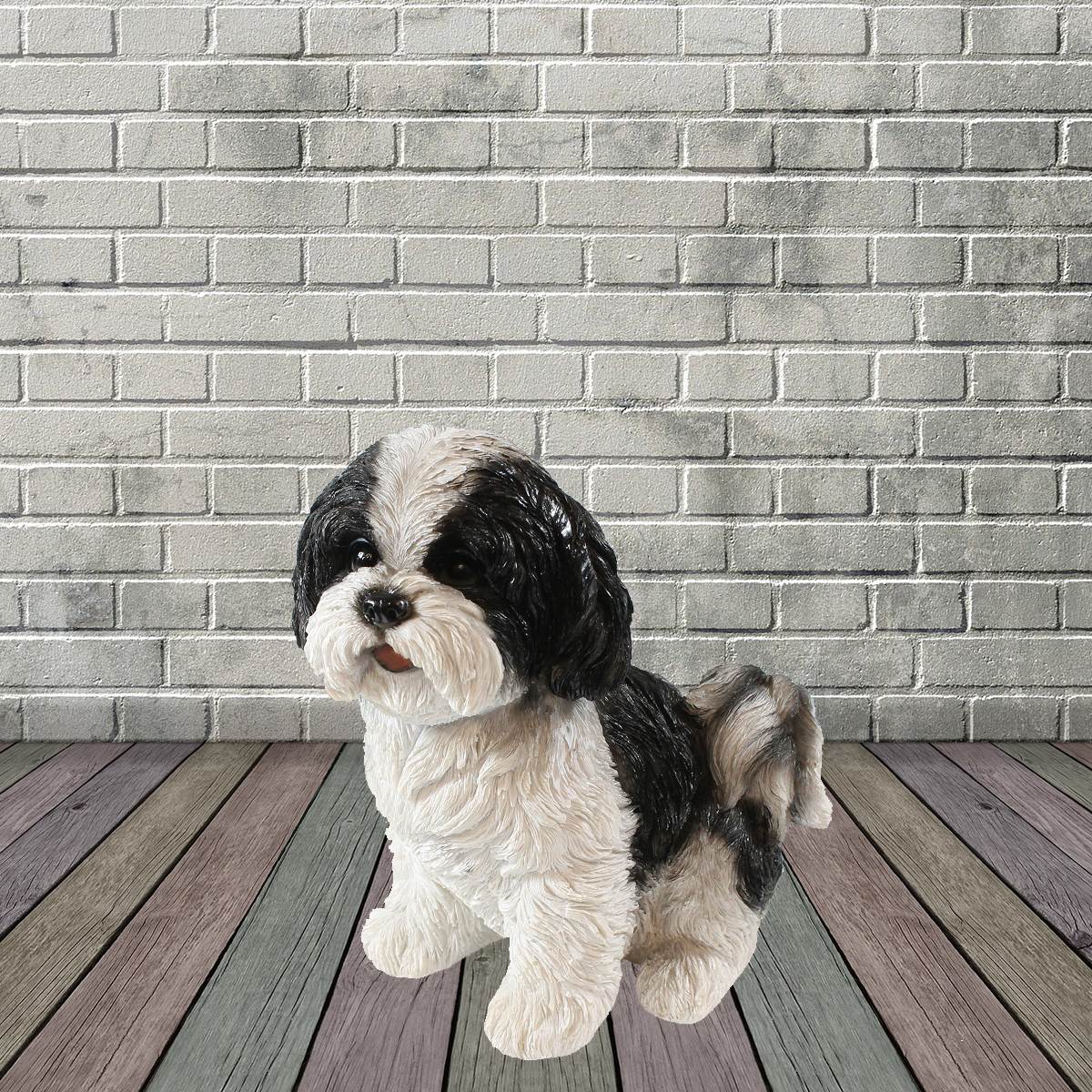 Hunde Figur Shih Tzu Welpe sitzend weiß-schwarz Hund Tierfigur Hundefigur