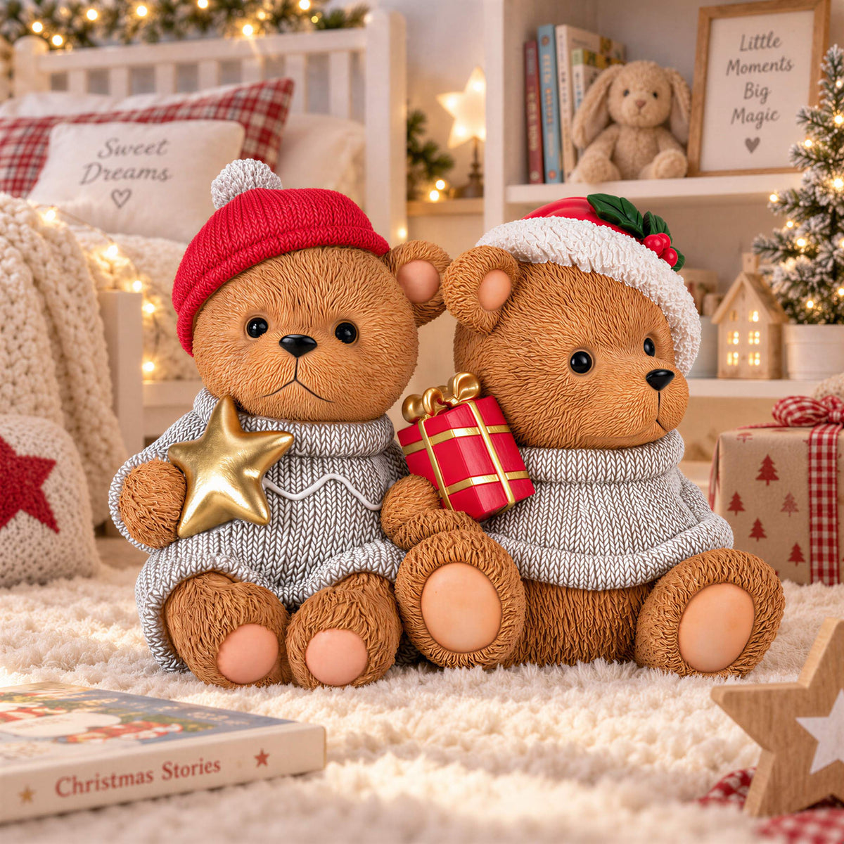 Weihnachtsbär als Dekofigur und Tischdeko Bär Figur mit Stern oder Geschenk