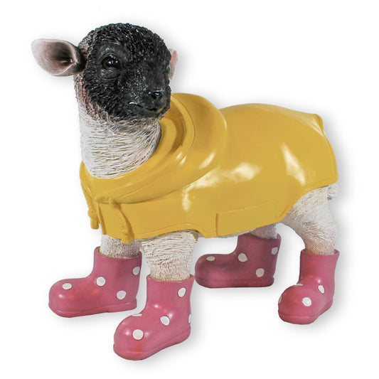 Gartenfigur Schaf mit Gummistiefeln rosa und Regenmantel Lamm Figur Garten Dekofigur Lamm