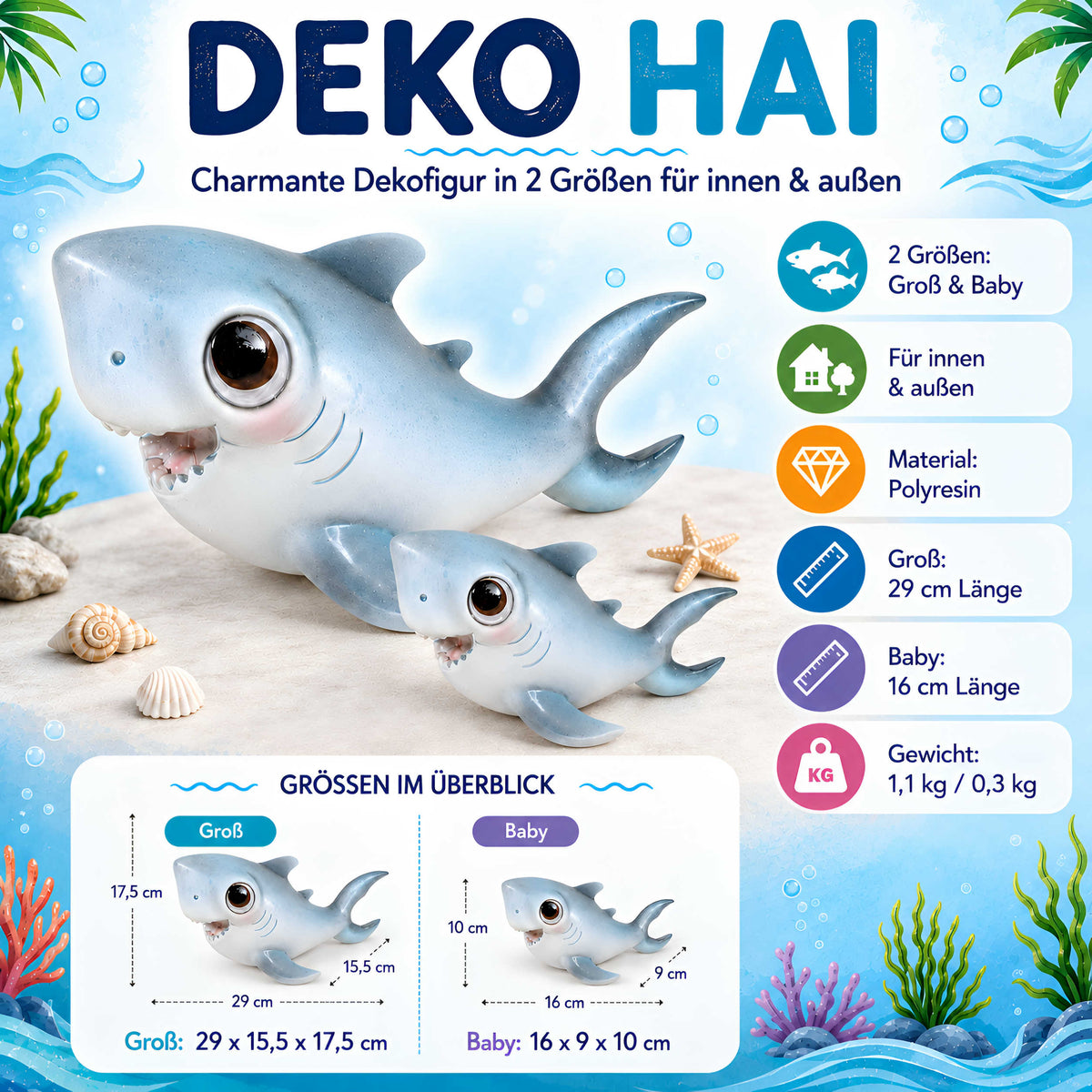 Glänzende Hai GlossiBande Dekofigur, maritime Tierfigur Baby & Groß