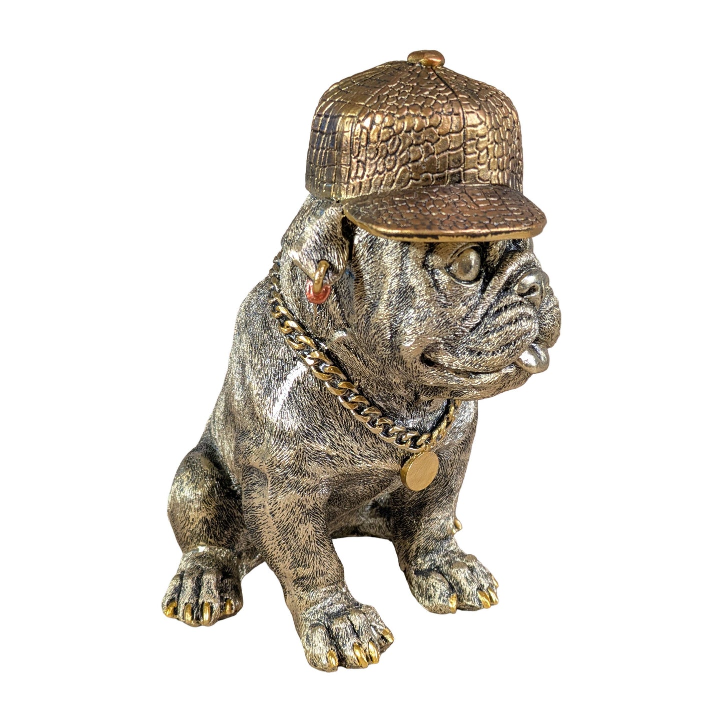 Goldene Bulldogge Dekofigur mit Cap – moderner Deko-Hund