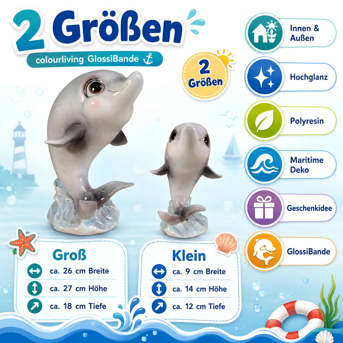 Delfin Dekofigur in Hochglanz – maritime Figur in 2 Größen