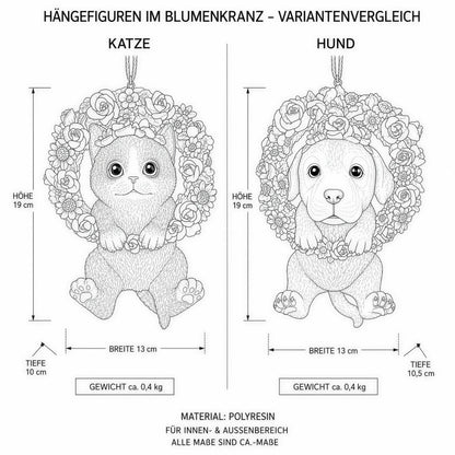 Hängedeko Katzenfigur oder Hundefigur im Blumenkranz – Tierfigur für Fenster & Garten
