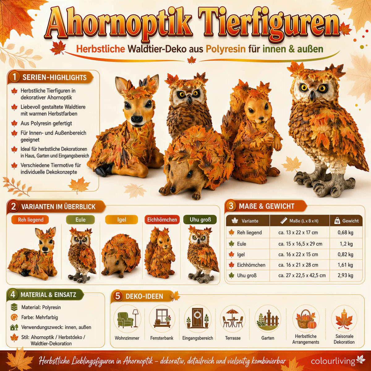 Waldtier-Dekofiguren Eule, Reh, Igel & Eichhörnchen mit Blätterdeko