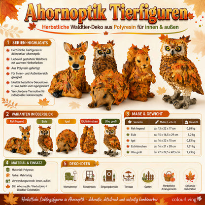 Waldtier-Dekofiguren Eule, Reh, Igel & Eichhörnchen mit Blätterdeko