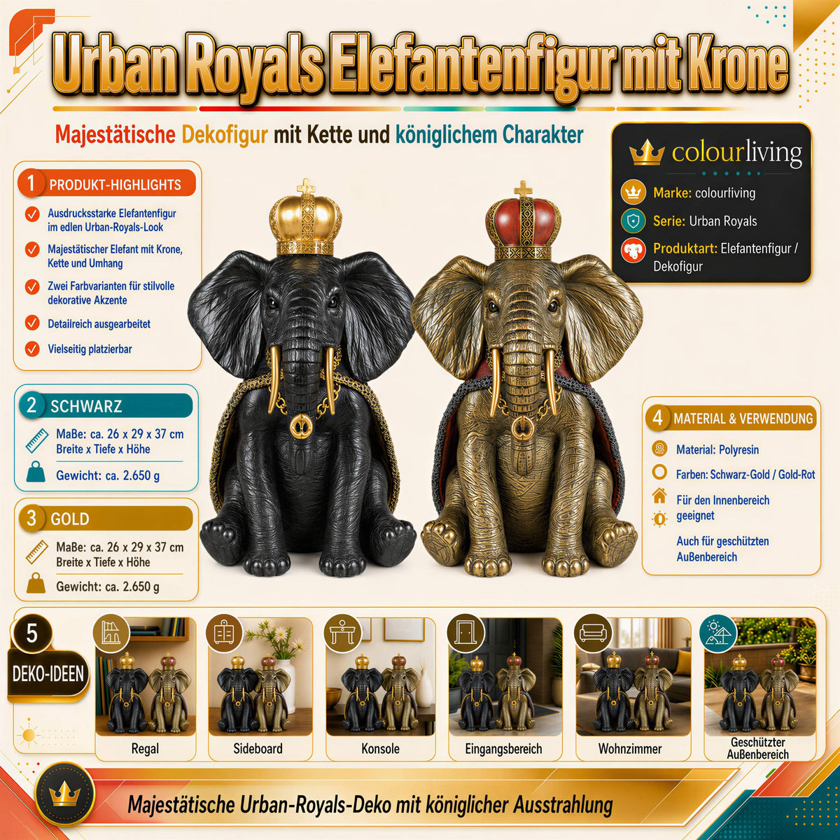 Elefantenfigur mit Krone in Schwarz-Gold oder Gold-Rot
