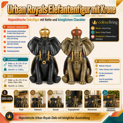 Elefantenfigur mit Krone in Schwarz-Gold oder Gold-Rot