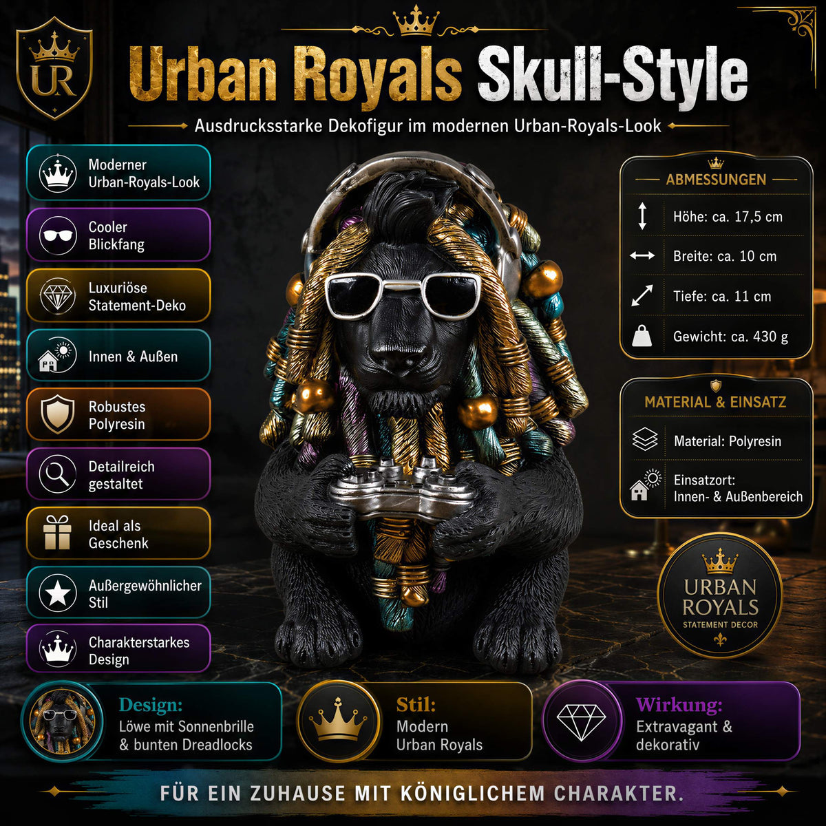 Löwenfigur Urban Royals mit Dreadlocks, Controller & Kopfhörern Löwe Figur