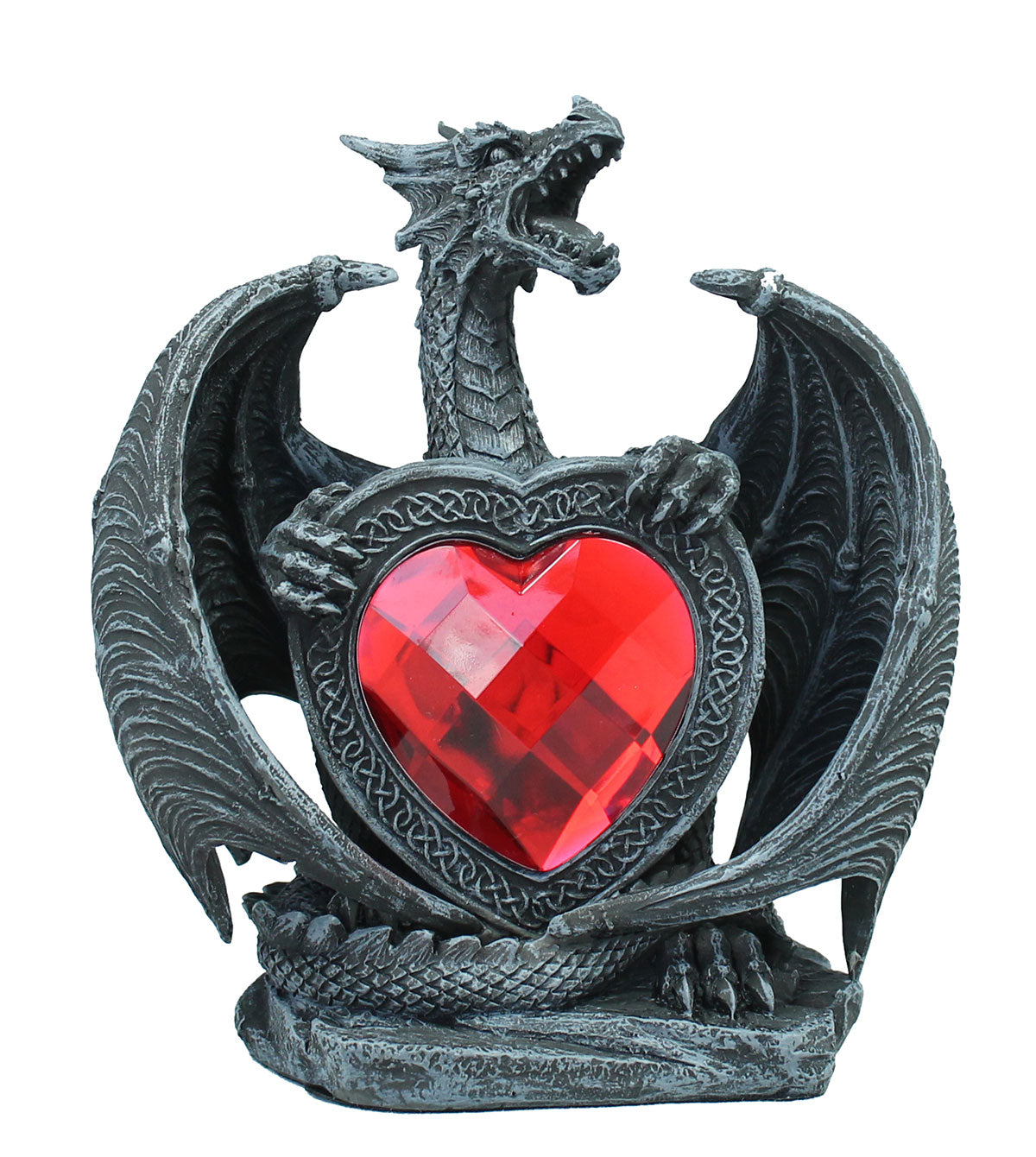 Fauchender Drache Dekofigur auf Herz – romantische Fantasy Figur