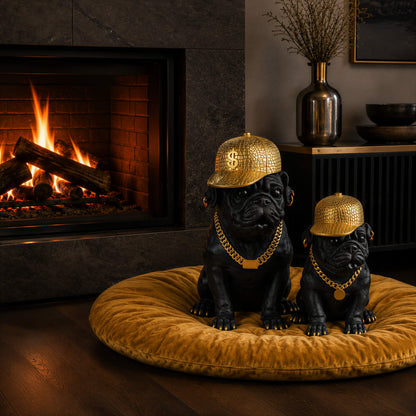 Bulldogge Dekofigur mit Cap, Hundefigur schwarz-gold