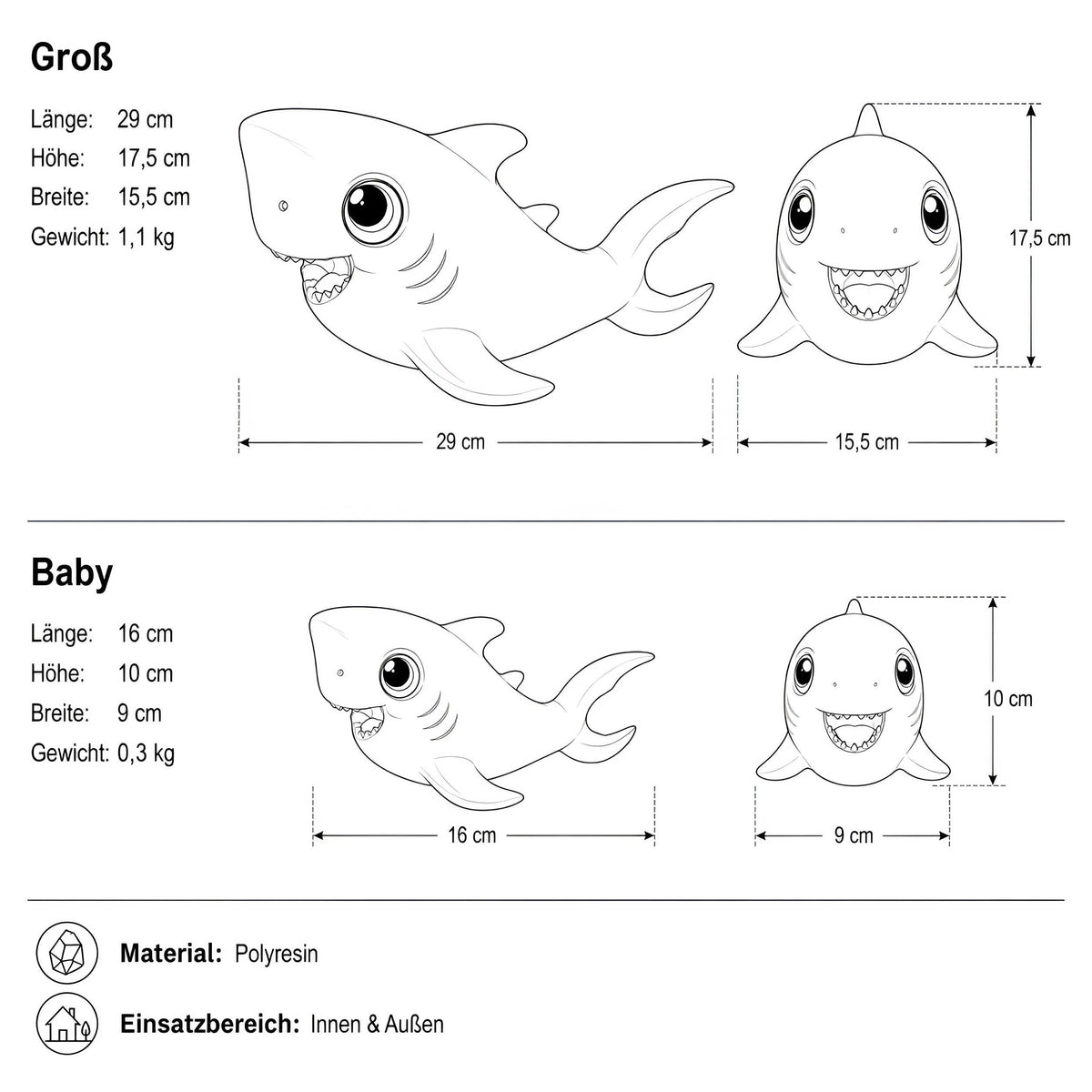 Glänzende Hai GlossiBande Dekofigur, maritime Tierfigur Baby & Groß