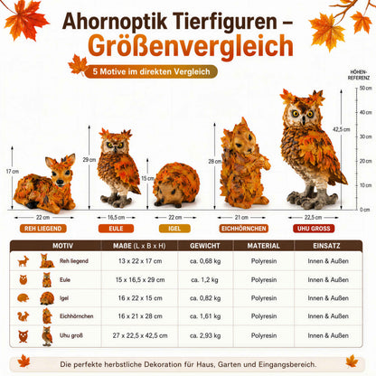 Waldtier-Dekofiguren Eule, Reh, Igel & Eichhörnchen mit Blätterdeko
