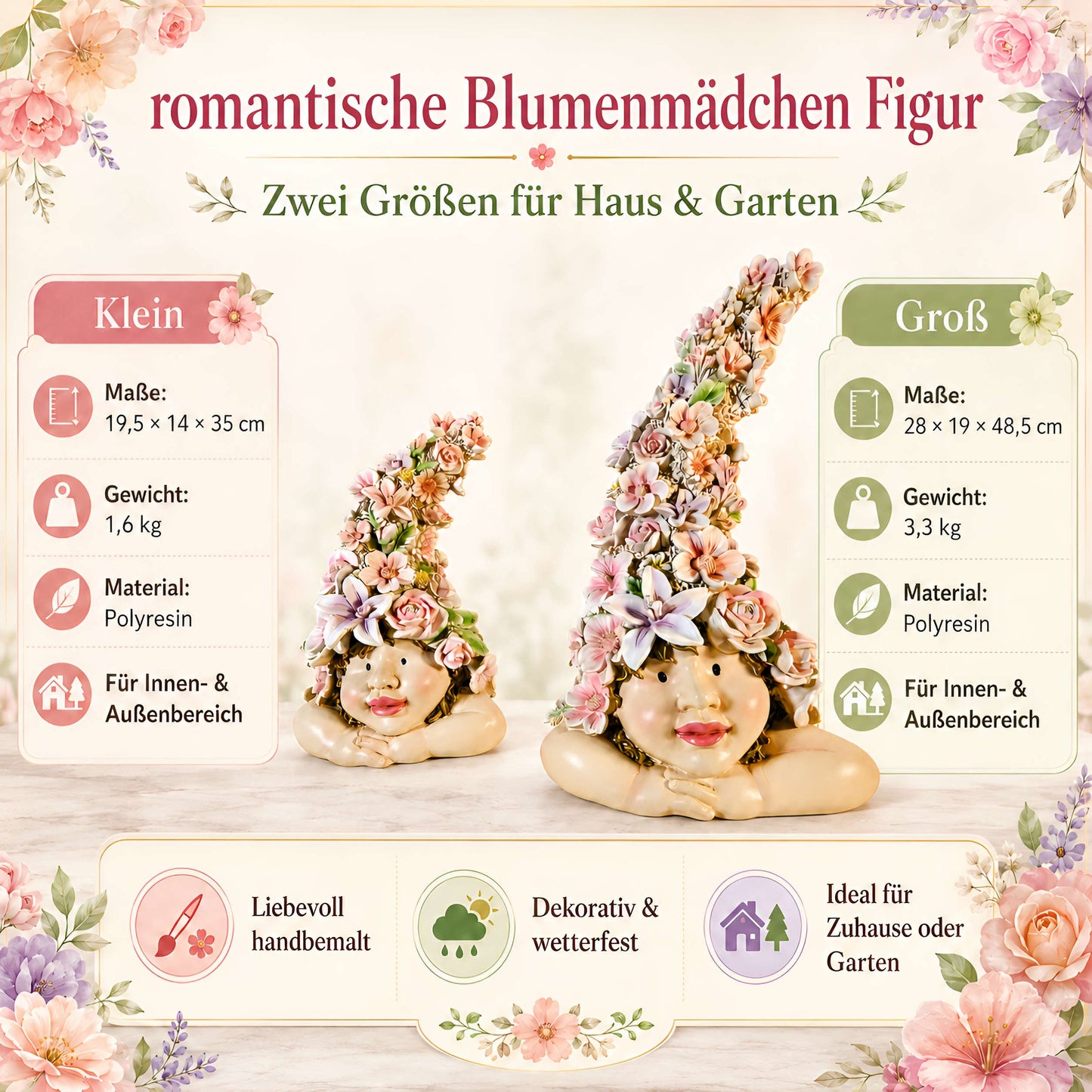 Romantisches Blumenkind – Dekofigur für den Garten in 2 Größen