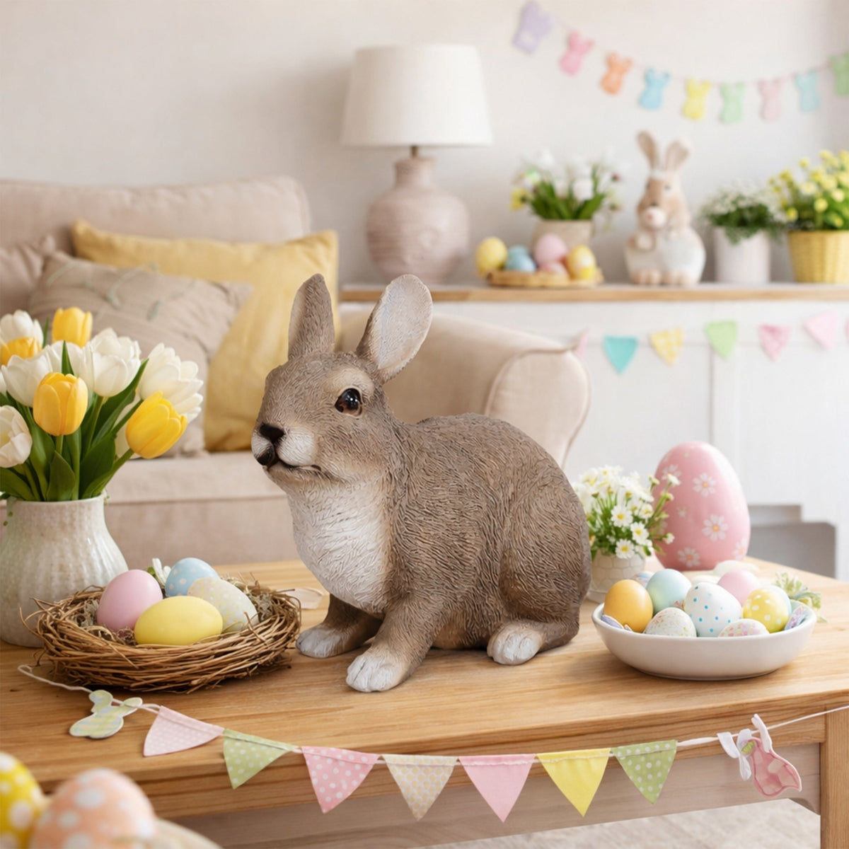 Realistischer Hase als Dekofigur für den Garten – Osterhase in 2 Posen