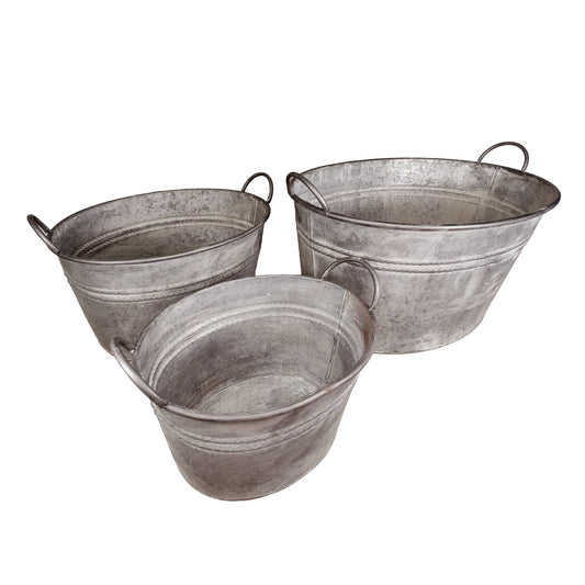 3er Set Zinkwanne oval verzinkt - Pflanzwanne Metall für Garten, Terrasse & Deko Blumentopf, Pflanztopf