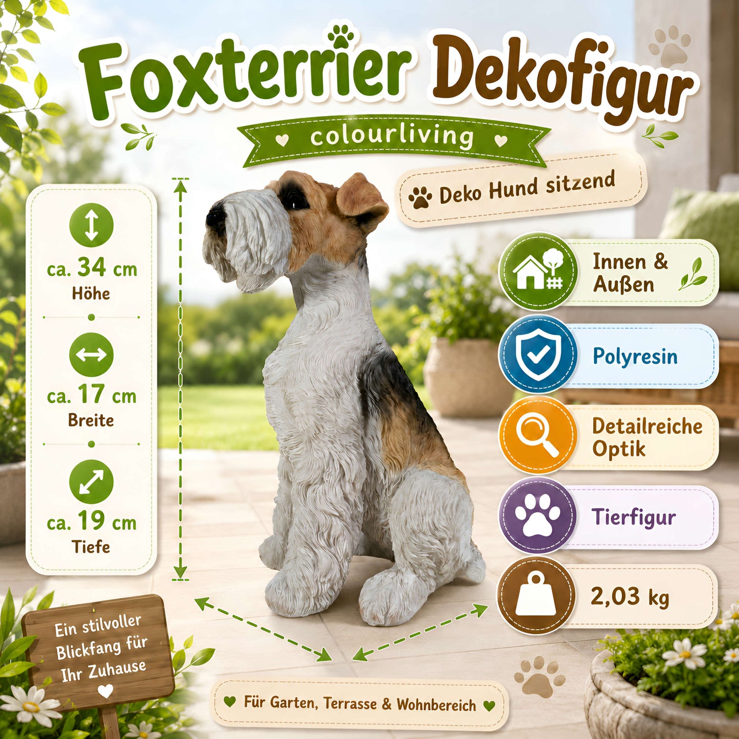 Lebensechte Foxterrier Dekofigur für den Garten – Hundefigur