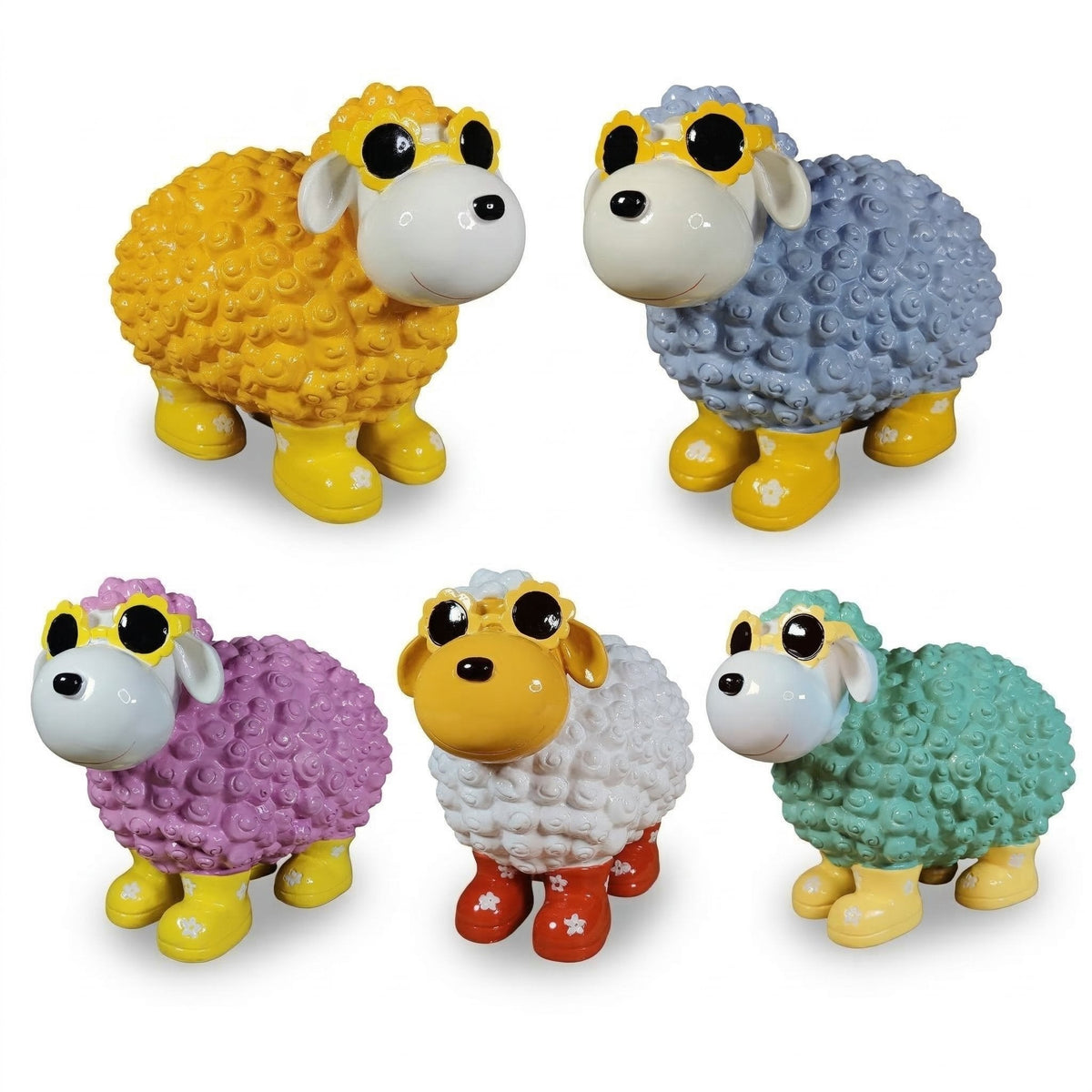 Bunte Schaffiguren mit Blumenbrille – Deko Schaf aus Polyresin für Garten & Zuhause
