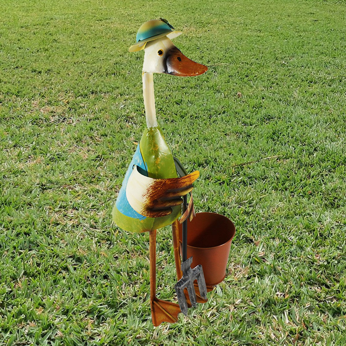 Metall Ente Dekofigur für den Garten mit Pflanztopf & Mistgabel