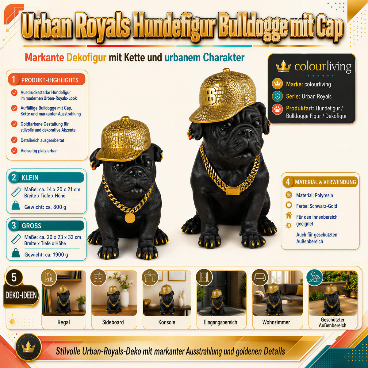 Bulldogge Dekofigur mit Cap, Hundefigur schwarz-gold