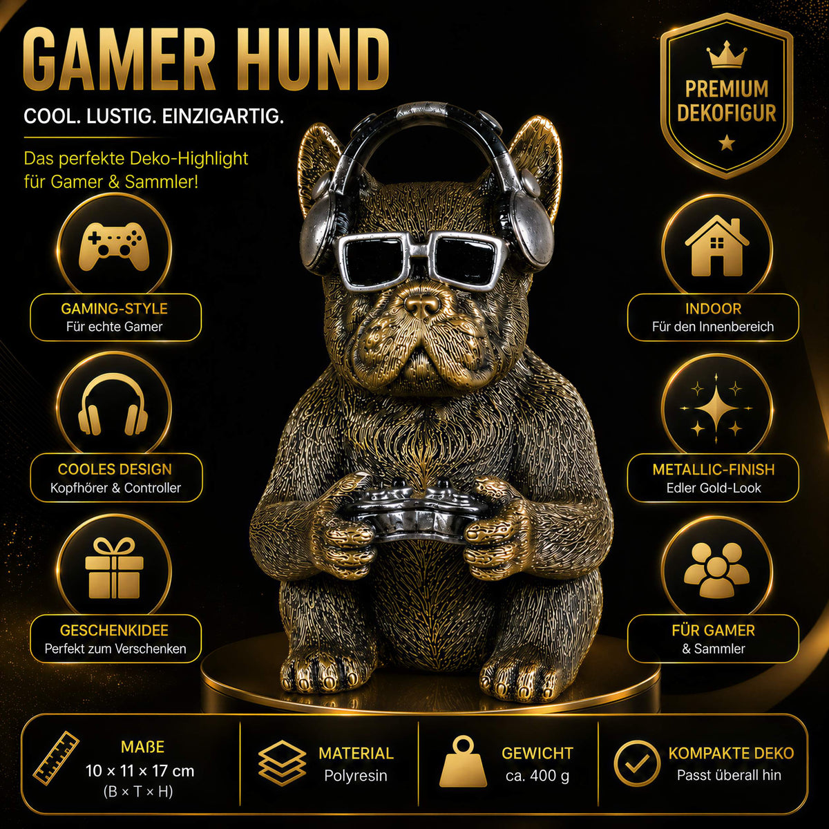 Urban Royals Gamer-Hund mit Controller & Kopfhörern – Dekofigur