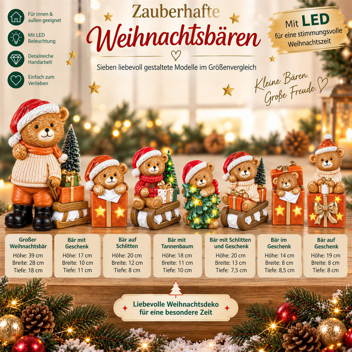 LED Weihnachtsbär Batteriebetriebene Deko Bär Figur für Tisch & Fensterbank