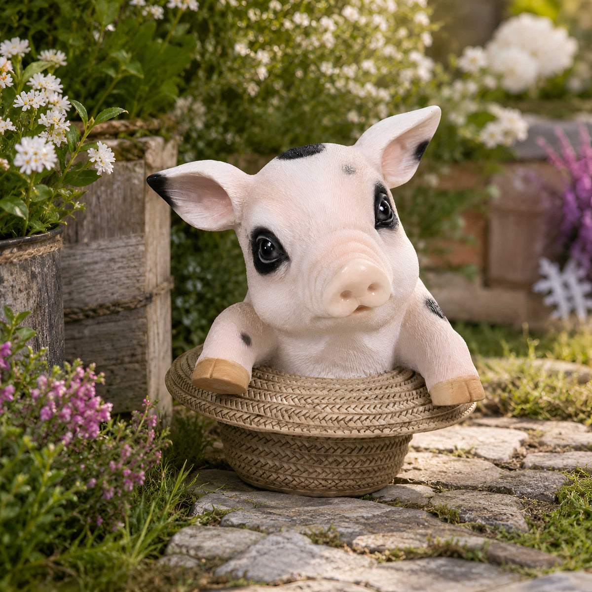 Glücksschwein Figur im Strohhut – Schweine Deko für Haus und Garten