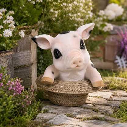 Glücksschwein Figur im Strohhut – Schweine Deko für Haus und Garten