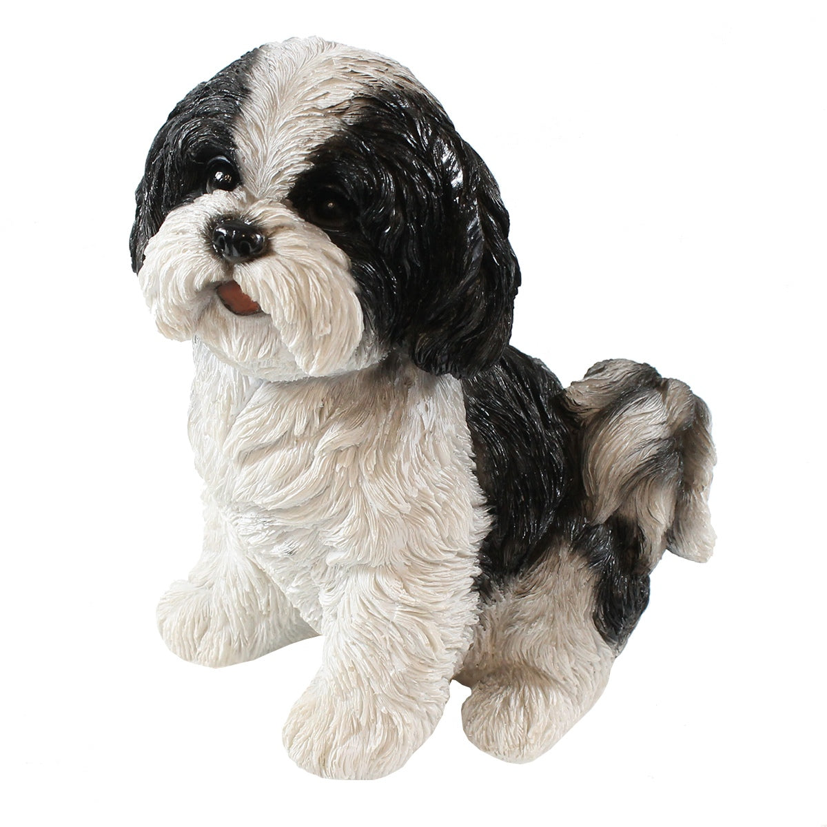 Hunde Figur Shih Tzu Welpe sitzend weiß-schwarz Hund Tierfigur Hundefigur