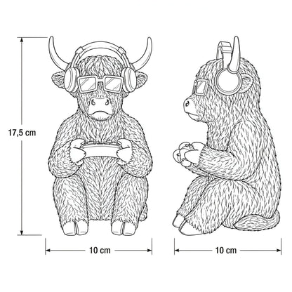Highland-Cattle-Gamerfigur Kuh-Deko mit Headset & Controller, Goldlook Kuhfigur