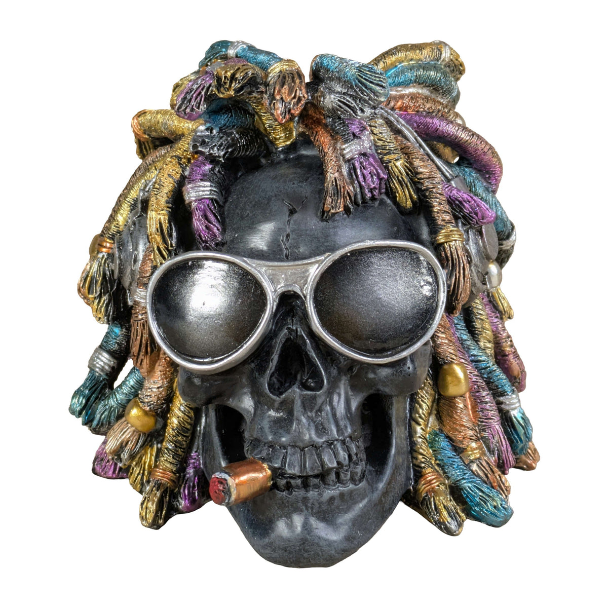 Rasta Totenkopf Dekofigur mit Sonnenbrille, Zigarre & Dreadlocks