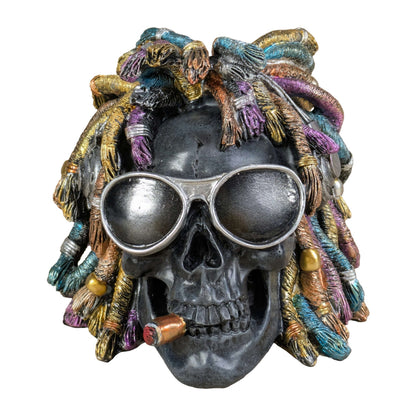 Rasta Totenkopf Dekofigur mit Sonnenbrille, Zigarre & Dreadlocks