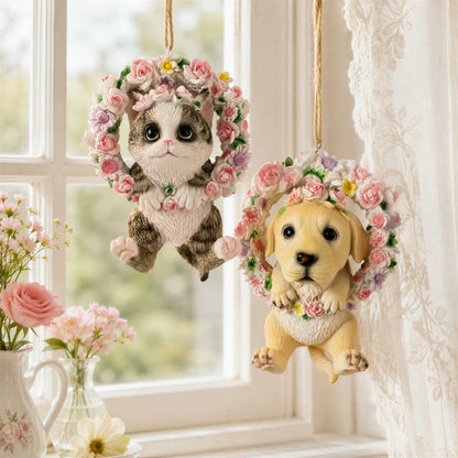 Hängedeko Katzenfigur oder Hundefigur im Blumenkranz – Tierfigur für Fenster & Garten