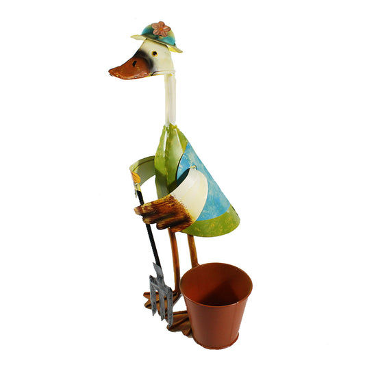Metall Ente Dekofigur für den Garten mit Pflanztopf & Mistgabel