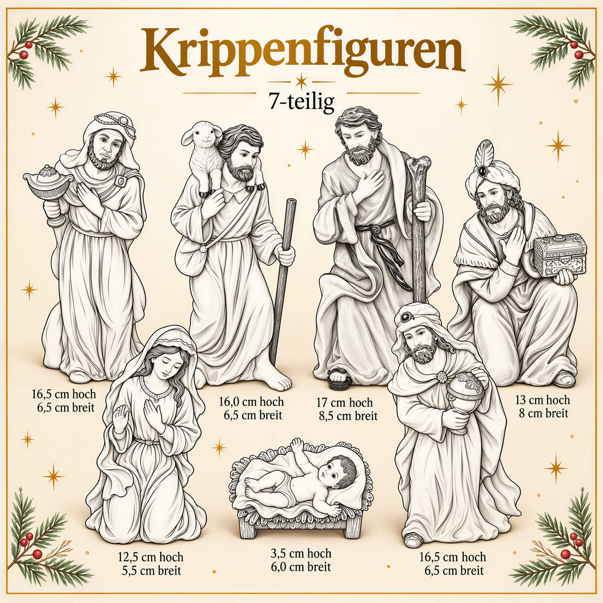 7 Krippenfiguren für Weihnachten – Heilige Familie & Drei Könige