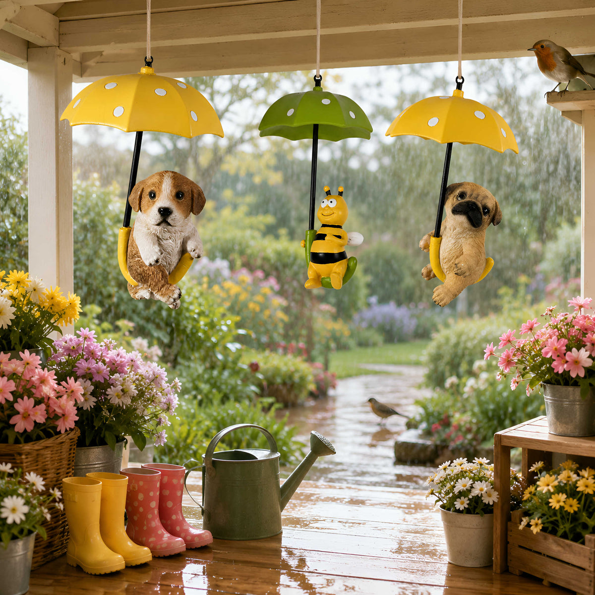 Hängedeko Tierfigur mit Schirm – Fenster- & Gartendeko: Biene, Mops oder Jack Russell