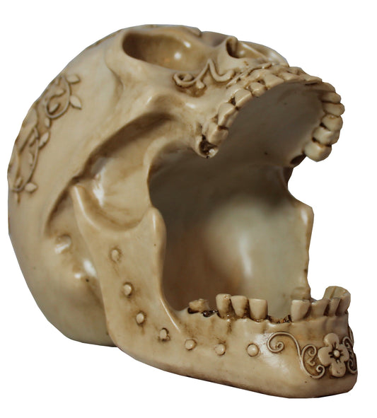 Totenkopf Dekofigur mit offenem Kiefer – mystische Gothic Figur