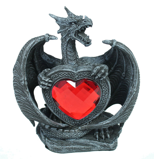 Fauchender Drache Dekofigur auf Herz – romantische Fantasy Figur