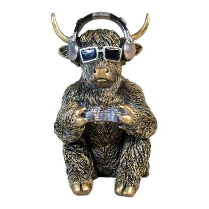 Highland-Cattle-Gamerfigur Kuh-Deko mit Headset & Controller, Goldlook Kuhfigur